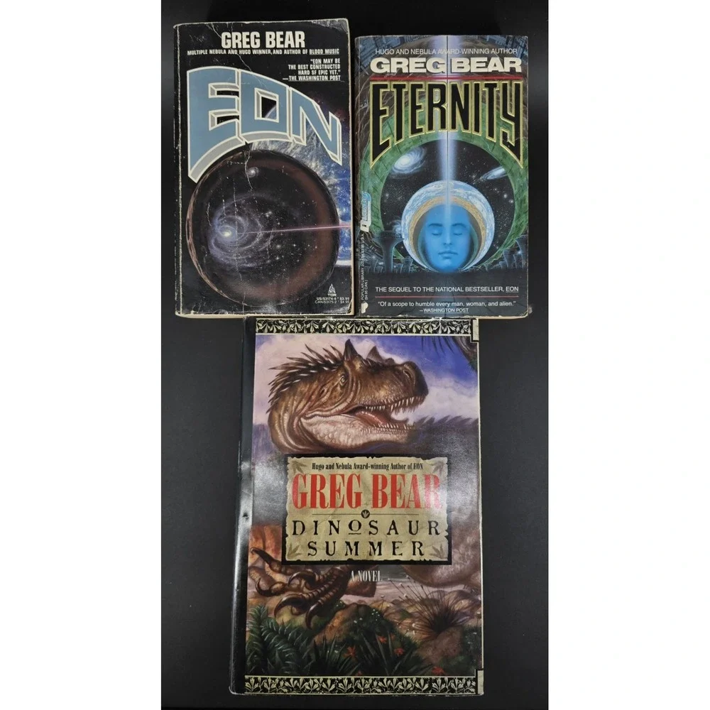 3 Vtg Greg Bear Novels Eon & Eternity (2 PB Books) & Dinosaur Summer HC Sci Fi